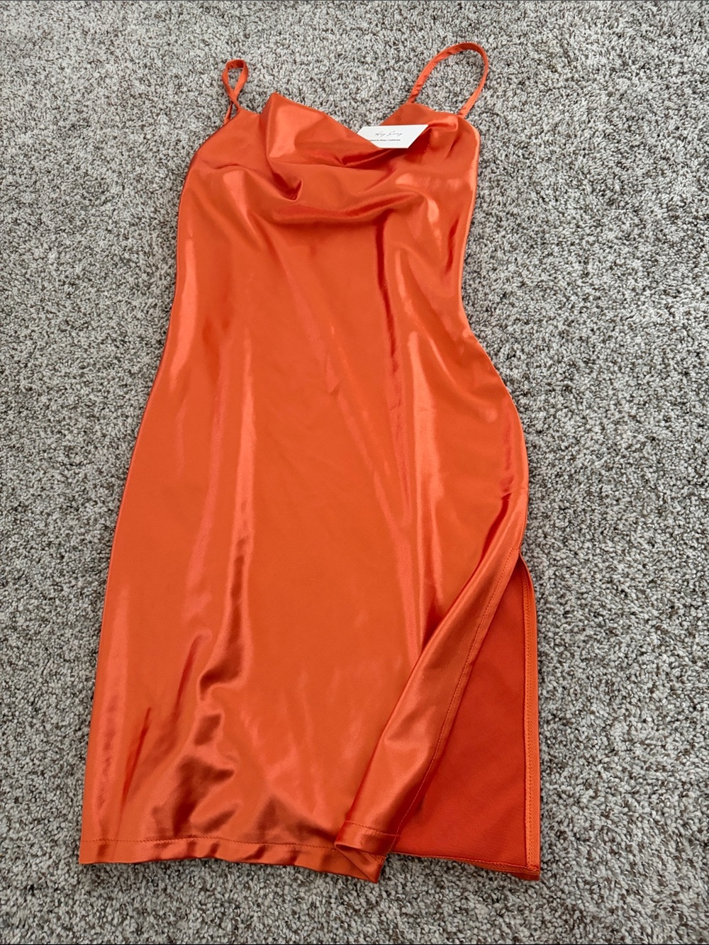 Hey Samy Orange Satin Slip Dress with Cowl Neck